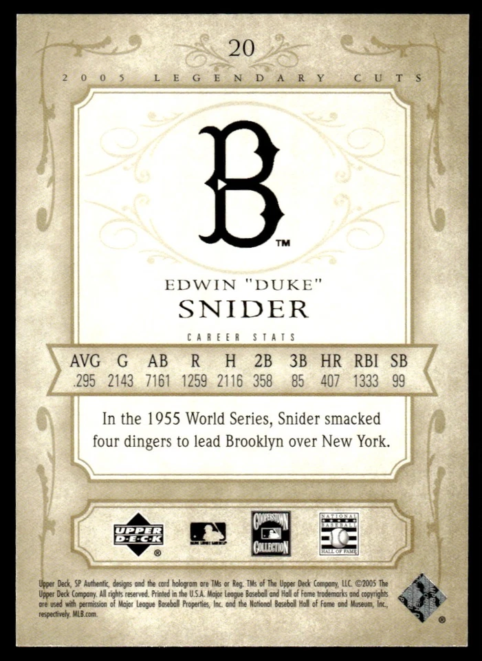 2005 SP Legendary Cuts Duke Snider Brooklyn Dodgers #20 - Image 2 of 2