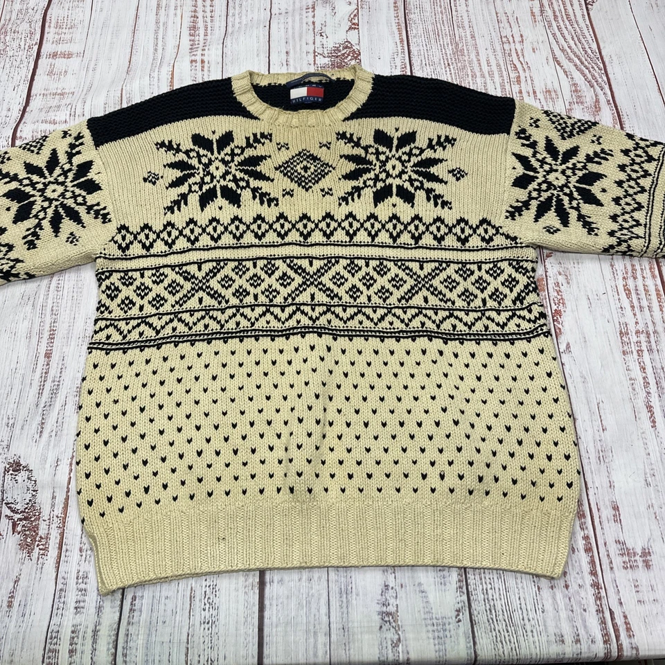 Suéter Vintage Tommy Hilfiger Unisex Grande Off White Navidad Vacaciones Pullover Foto 3 de 4