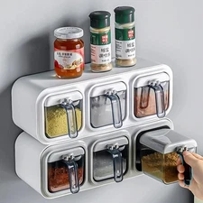 Wall Mounted Kitchen Spice Box Organizer Condiment Jars Storage Rack with Lids