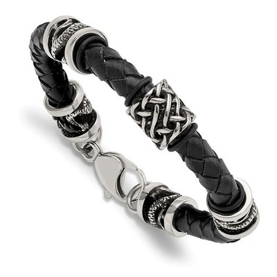 Stainless Steel Antiqued and Polished Dragon Black Braided Leather Bracelet 8.5''