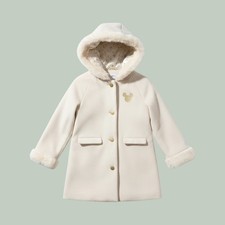 Disney Parks Girls Cream Faux Fur Hooded Long Coat Gold Mickey Snowflake 9/10