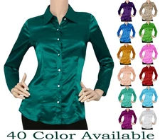 Women Satin Button Down Shirt Long Sleeve Solid Collared Neck Work Wear Blouse