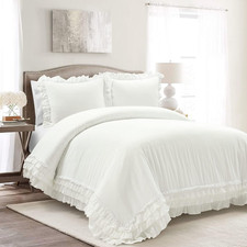 Ella Ruffle Lace Cotton Duvet Cover Set, Full/Queen, White Bedding