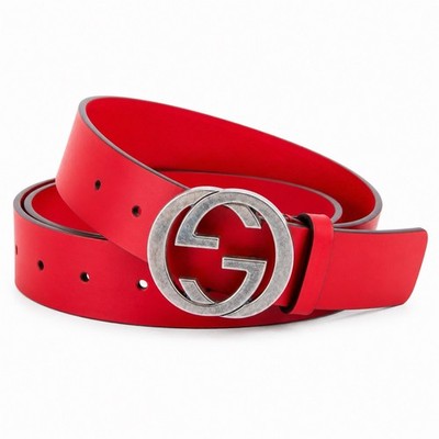 Gucci Herren Gürtel GG Marmont Rot Leder 4 cm Silber Doppel G Schnalle Größe 95/38
