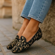 Hermes Silk Embroidered Black Suede Loafers Driving Shoes Slippers Flats Size 36