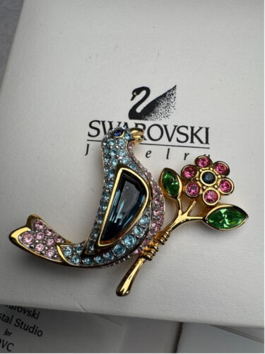 Swarovski multi color crystal Bird flower Brooch Pin Blue Pink Crystal