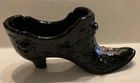 Vtg Fenton Black Glass Cabbage Rose Hand-painted Signed Ladies Slipper Shoe #8