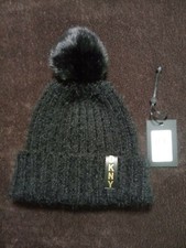 NEW beautiful DKNY Women's Black Rib-Knit Hat Faux Fur Pom Pom, One Size
