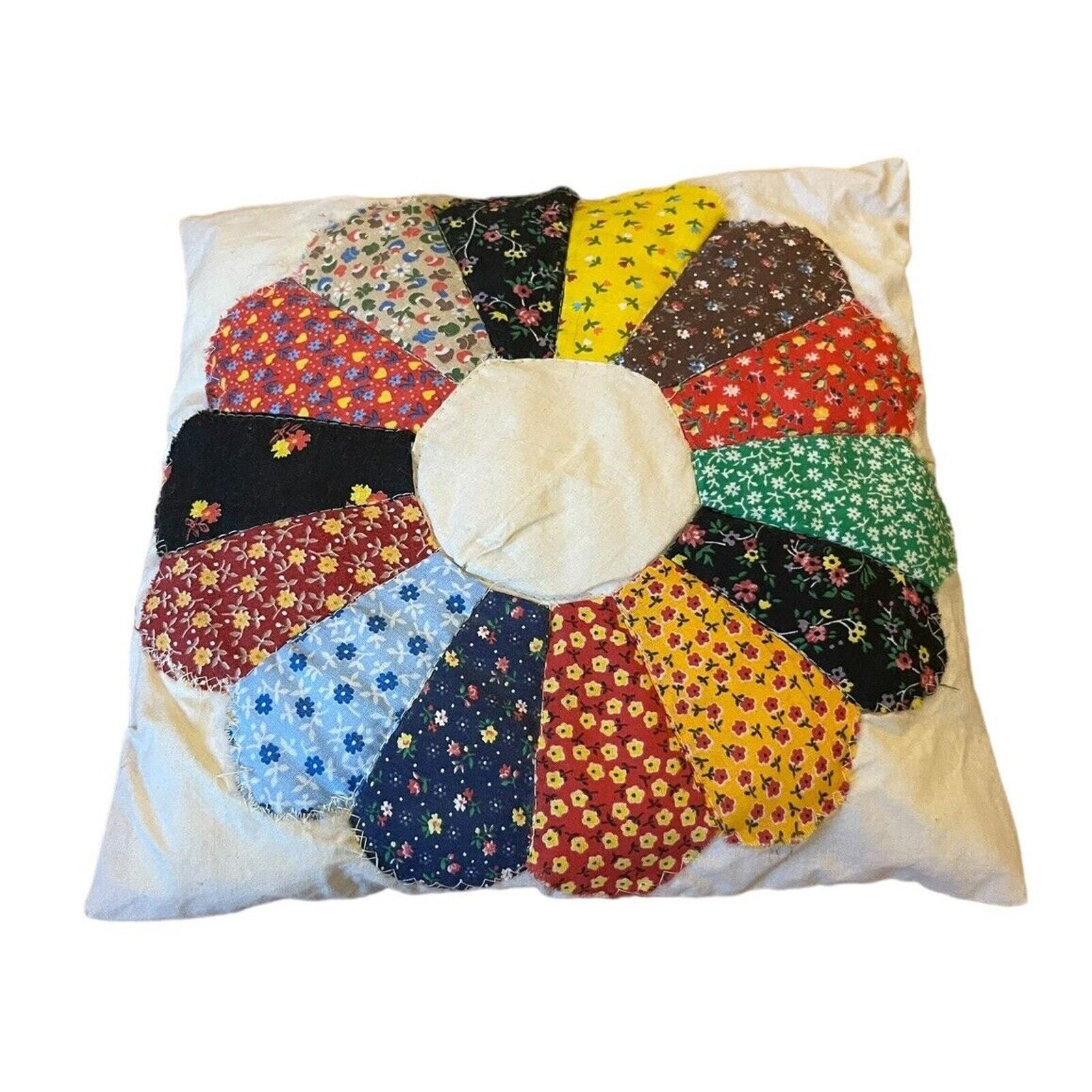 Throw Pillow Vintage Patchwork Quilt Calico Prints 11 X 11” Handmade Accent-image