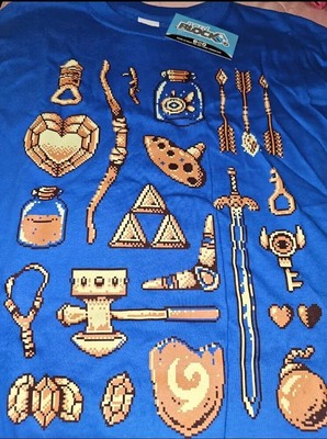 NERD BLOCK Legend of Zelda LINK Ocarina Bow Arrow Sword BLUE Tshirt Sz Large NWT