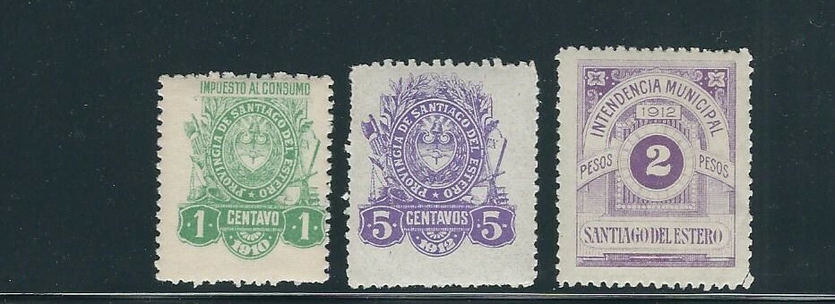 アイボリー ARGENTINA SANTIAGO del ESTERO REVENUE 3 stamps unused with