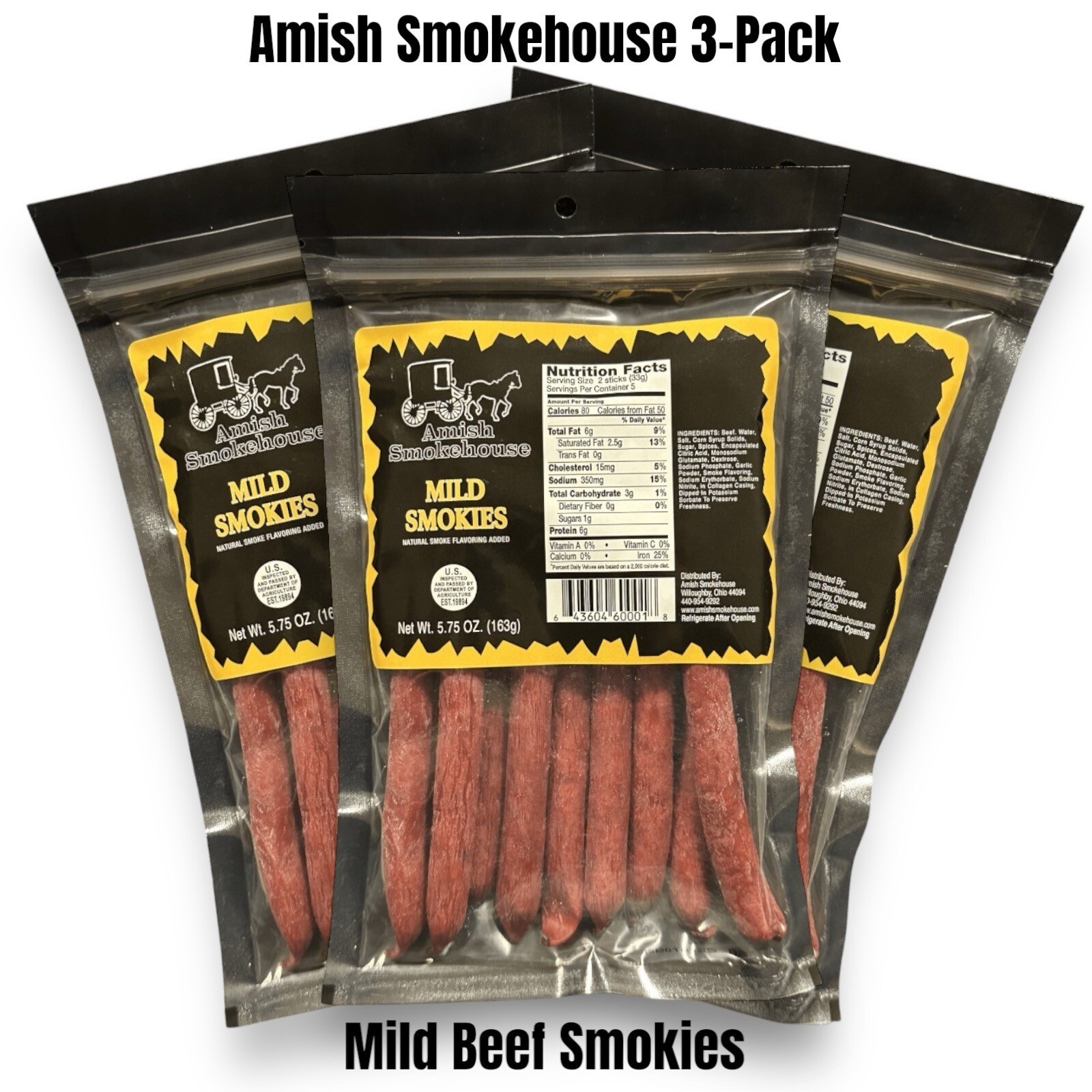 Amish Smokehouse Mild Beef Sticks (3) 5.75oz Bagged Resealable Smokies