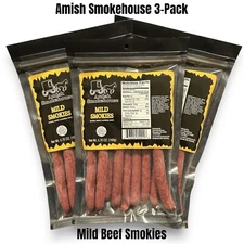 Amish Smokehouse Mild Beef Sticks (3) 5.75oz Bagged Resealable Smokies