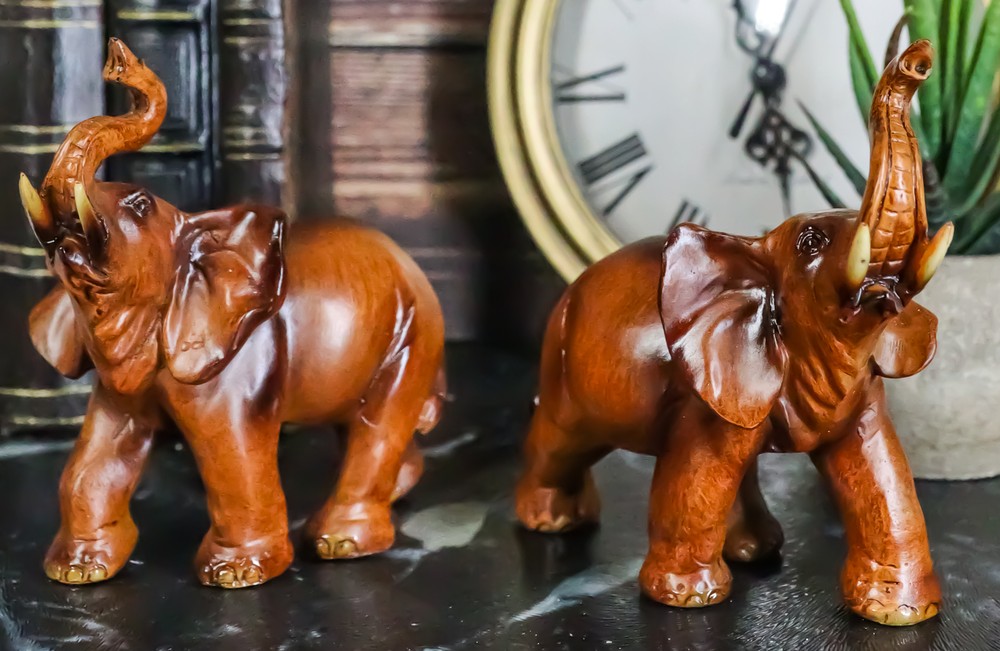 Faux Wood Feng Shui Elephant With Trunk Up Statue Set of 2 East & West Elephants