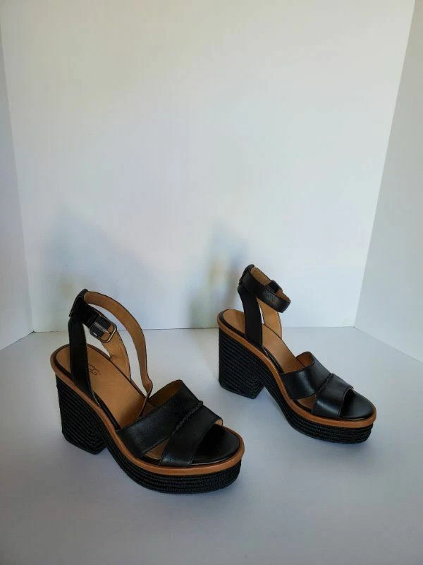 SANDALI DA DONNA UGG CARINE NERI IN PELLE TACCO A ZEPPA TAGLIA 9 NUOVI CON ETICHETTE $150