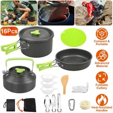 16pc Portable Camping Cooking Cookware Kit Pot Pan Kettle Set for Outdoor Picnic