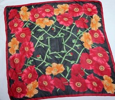 HALSTON Black Silk Chiffon Bright Flowers Print Scarf 32 X 34 In EXC