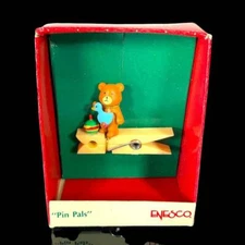 Vintage 1989 Enesco Teddy holding Duck Pin Pals Small Wonders Ornament NEW