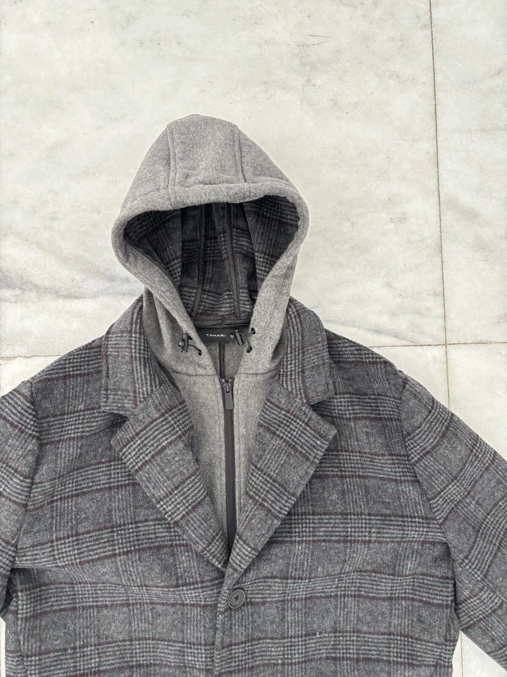 Abrigo Tahari para hombre a cuadros de lana gris cuello capucha extraíble talla XL Foto 4 de 4