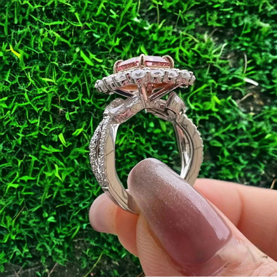 Anillo de diamantes de zafiro rosa natural talla esmeralda de 4,00 quilates de oro blanco de 14 quilates talla 7 Foto 2 de 4