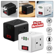 3-Way Cube Plug Extension Adapter UK Power Socket W/ 2-USB 2-TypeC Home Office