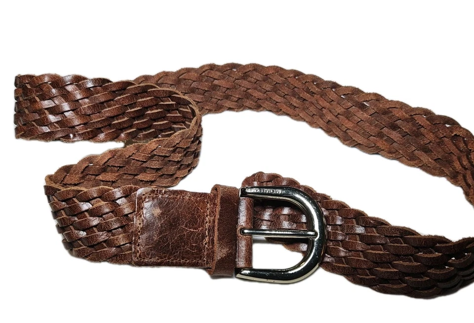 Michael Kors women's braided brown leather belt with a silver tone buckle size M - Image 3 of 4