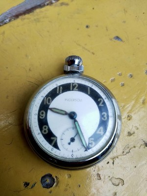 Chrome Plate Case Ingersoll  Smiths Black & Cream Dialed Pocket Watch Untested 