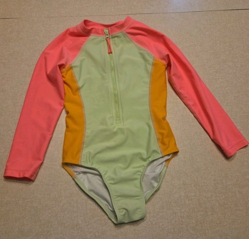 Old Navy Girls Swimsuit XS 5 Green Pink Orange Rash Guard Zipper