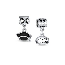 Set of 2 Graduation Cap Words Honor Student Dangle Charm Bead Sterling Silver