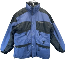 Vtg Volvo Official Men Jacket Sz Large Blue Parka Hooded w/Fleece Vest Removable