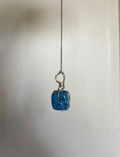 handmade wire wrapped blue cube pendant on 16inch silver plated chain