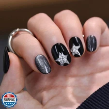 evpct Black Goth Cat Eye Short Press on Nails Oval, Short Oval Glue on Nail f