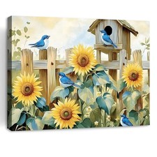 Sunflower Bluebirds Garden Canvas Wall Art Print Home Decor Poster Pictures