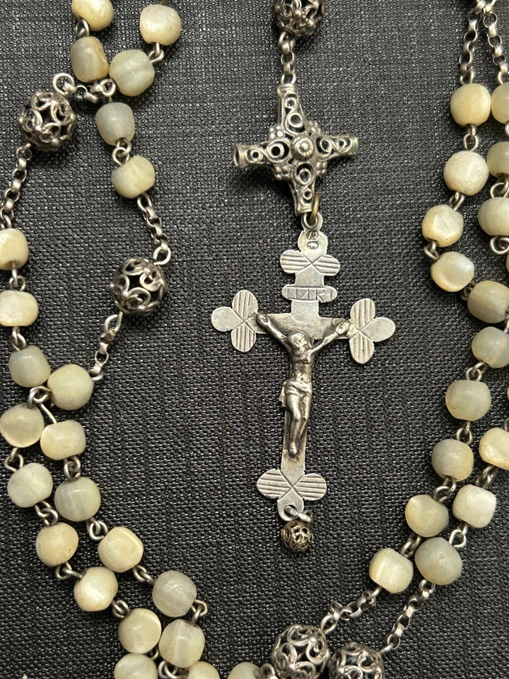 tres ancien chapelet argent massif perles nacre - Photo 3/3