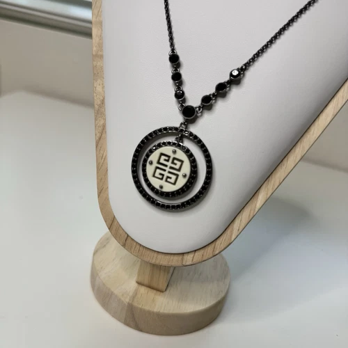 Givenchy Collana Cerchio Logo Ciondolo Onice Finti Diamanti Gunmetal Catena VINTAGE