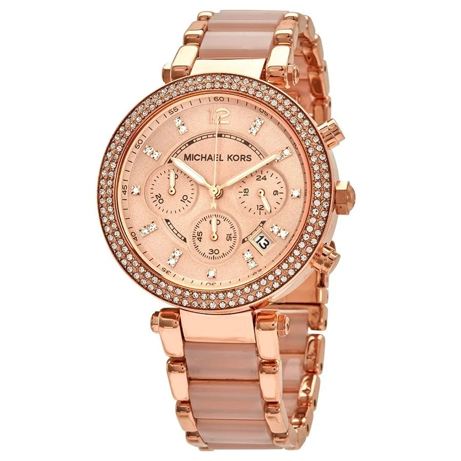Michael Kors Parker MK5896 Rose Gold-Tone Blush Acetate Bracelet Women's Watch