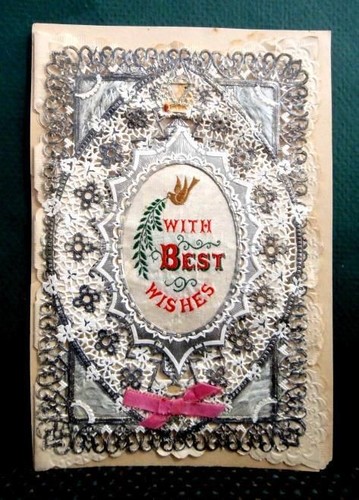 1850 antique victorian CHRISTMAS CARD silk die cut silver foil paper lace art