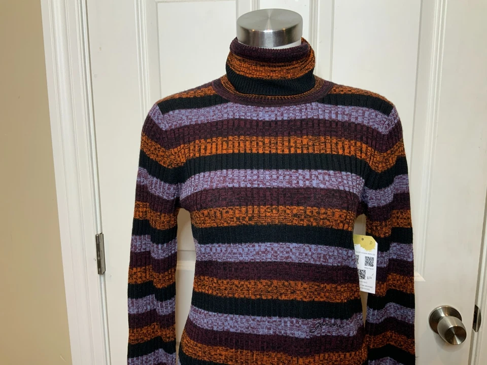 Ganni Multicolor Striped Cut-Out Merino Wool Turtleneck Sweater, Size Medium - Image 3 of 4