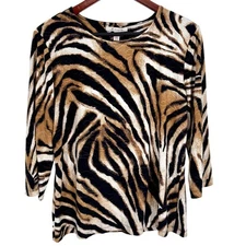 JM Collection Sz Medium Super Stretchy Brown Black Tiger Blouse Shirt Top Artsy
