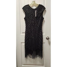 Babeyond Flapper Sheath Gatsby Dress Black Sz M Sequins Beads Formal Sleeveless