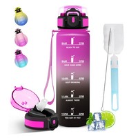 Mujigaga Trinkflasche 1L Auslaufsicher Mit Strohhalm, Zeitmarkierung,