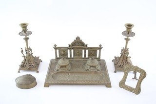 Ladies Vintage Brass Desk Items Inc Inkwell Candlestick Pair Picture Frame 4389g