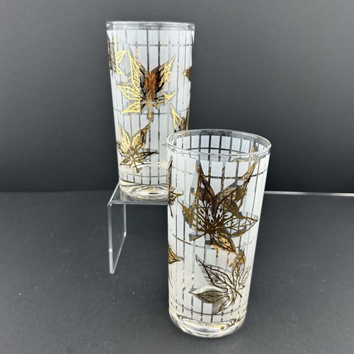 Fred Press FOGLIE D'ACERO ORO Bicchieri Highball Smerigliati (2) Vintage MCM - Foto 2 di 16