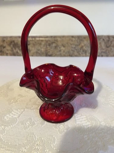 Vintage Fenton Ruby Red Ruffled Strawberry Pattern Basket