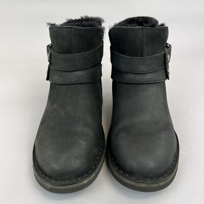 Ugg Aliso Black Leather Ankle Pull On Buckle Biker Sheepskin  display picture 2