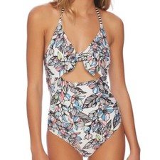 Splendid Swimsuit Women's Medium Flower Hour One Piece Halter White Blue Black