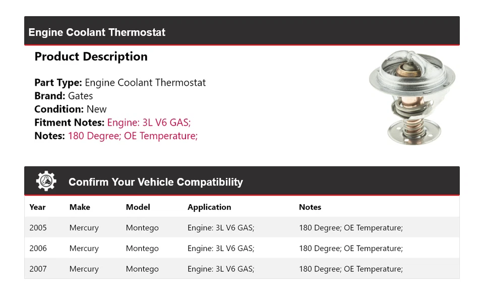 Para Mercury Montego 2005-2007 3L V6 motor gas refrigerante termostato puertas 2006 Foto 2 de 4