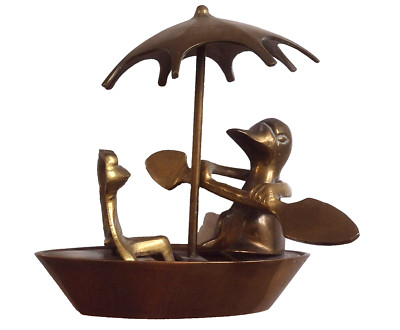 Frosch & Ente sitzen auf Boot unter Regenschirm lustige Figur Geschenke Wohndeko Figur