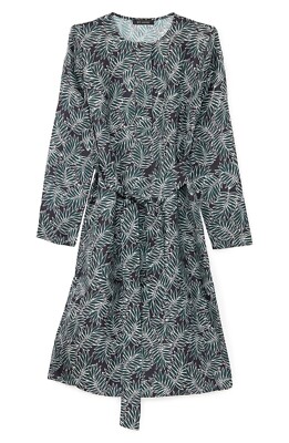 leaves print silk twill dress st. john collection ST. JOHN Leaves Print Silk Twill Dress Navy / Forest Green / Ecru Size S  Small