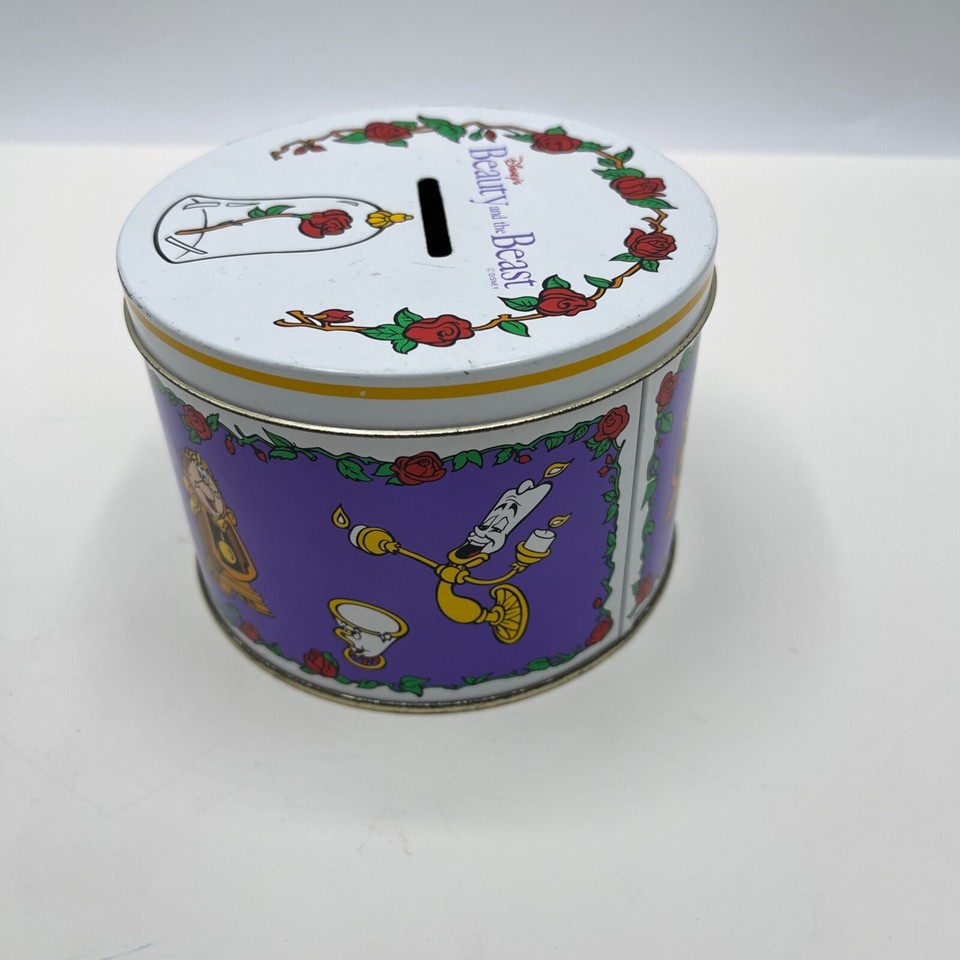 Disney Beauty And The Beast Piggy Bank Coin Round Tin eBay